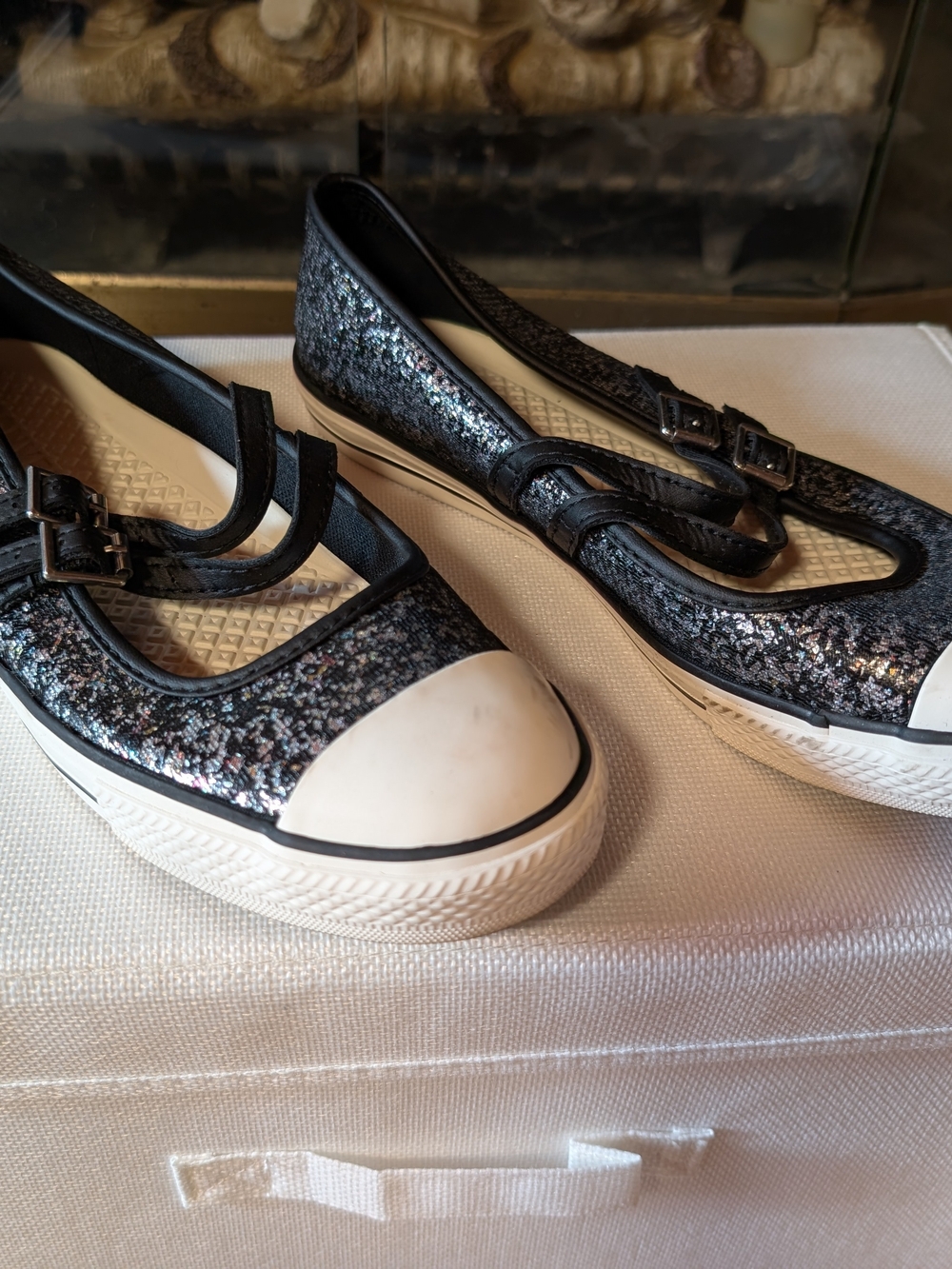 Converse Black Glitter Mary Jane Flats with White Toe Cap